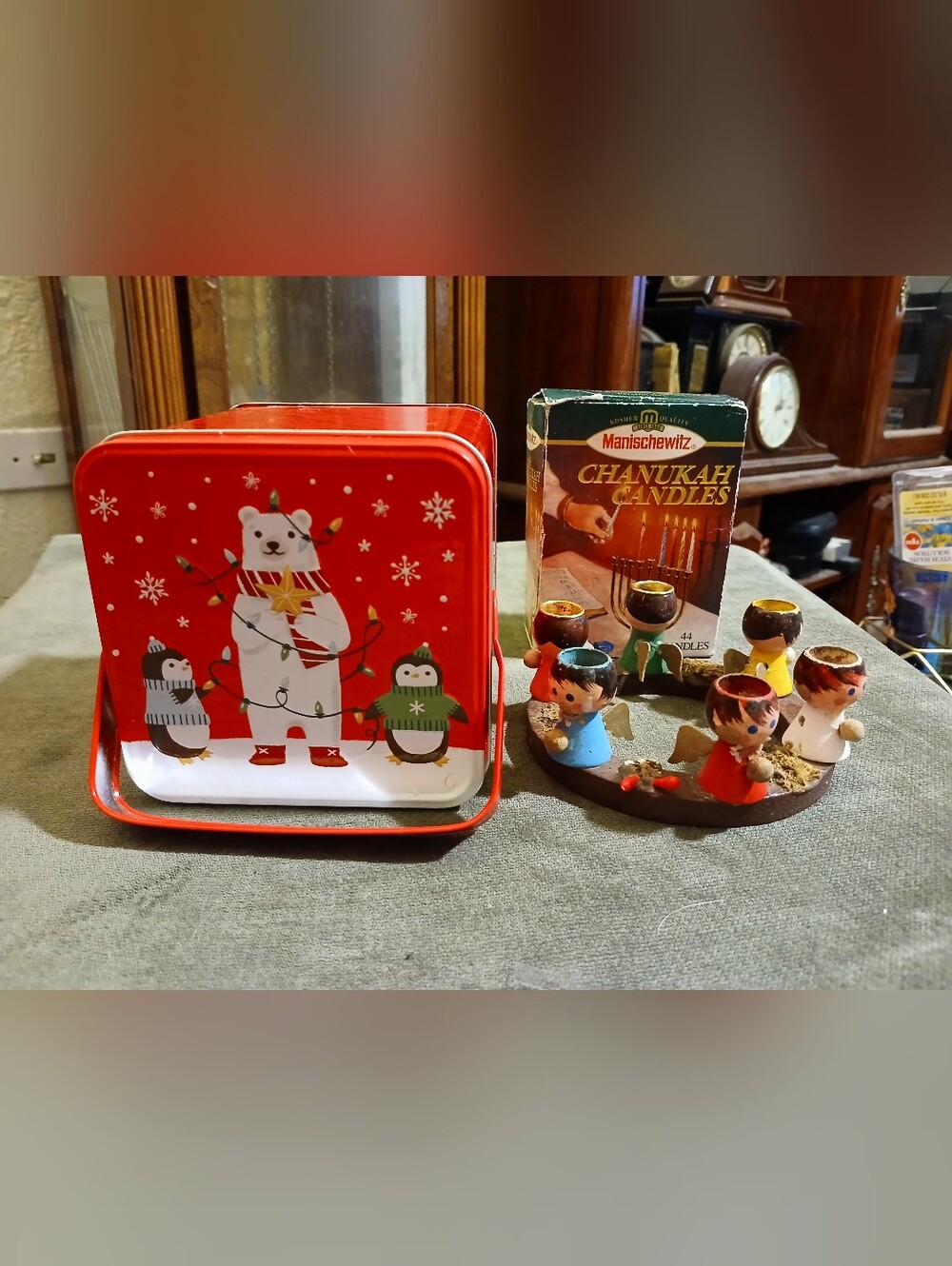 Festive Red Polar Bear Tin Holiday Candle Holder And Candles